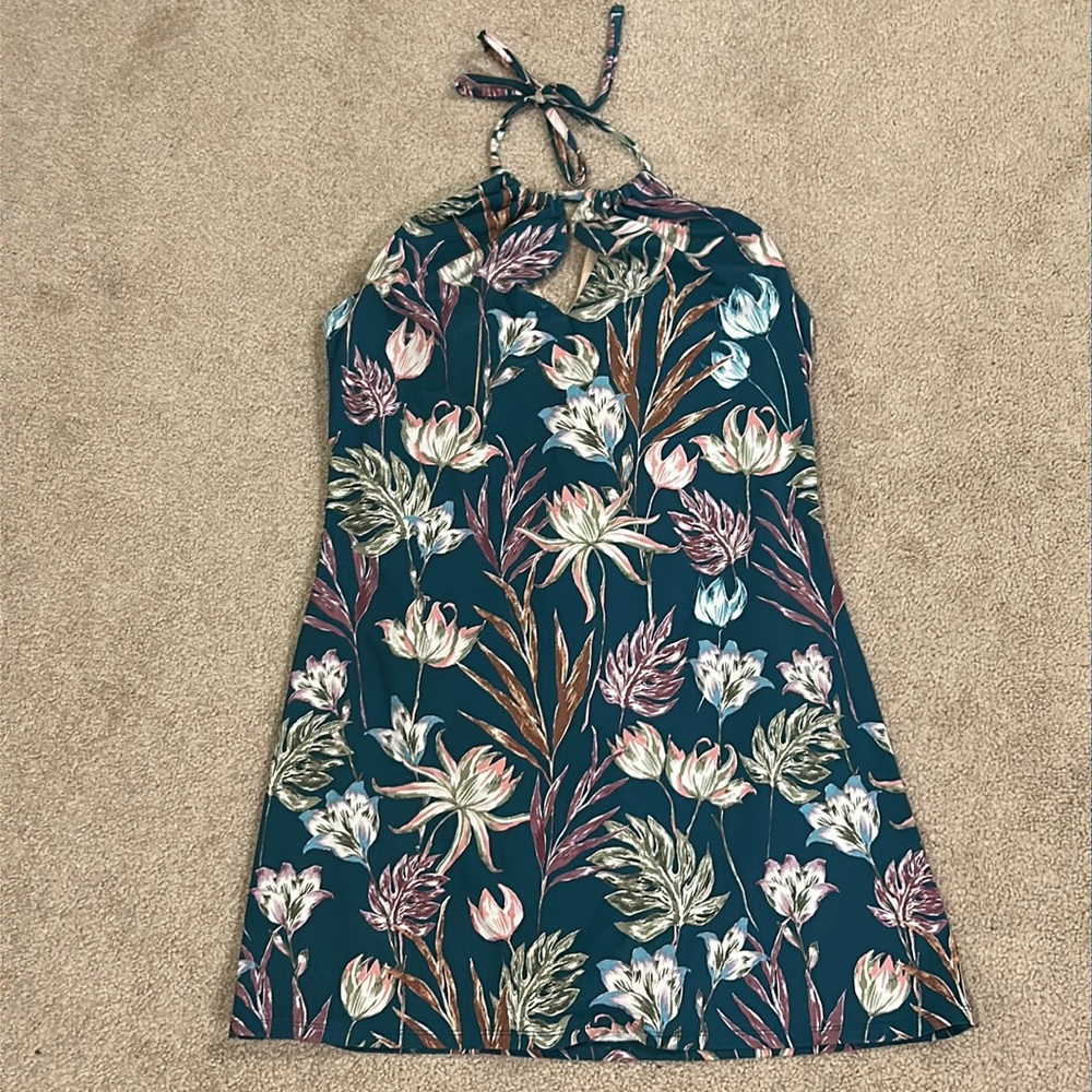 Garnet Hill Teal Floral Halter Swim Dress with Pink & Cream Accents